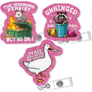 3 Pcs Funny Nurse Badge Reel, Pink Silly Goose Raccoon Opossum Badge Holder with Retractable Clip, Glitter ID Badges Buddy for Doctor Nursing Student Teacher Office Worker Gifts