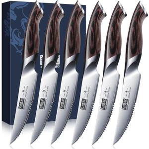 HOSHANHO Steak Knives Set of 6, Ultra Sharp 4.5 Inch Serrated Steak Knife Set, Japanese High Carbon Steel Kitchen Steak Knives with Ergonomic Handle