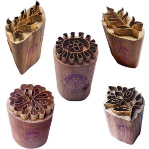 Royal Kraft Floral Brass Wooden Printing Stamps (Set of 5) - DIY Fabric, Clay, Pottery Blocks BHtag0005