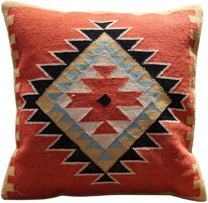 Handmade 100% Wool Kilim Pillow Cover  18x18 Inches, Durable Indian Cushion Case, Premium New Zealand Wool for Home Decor (Orange, Pack of 1)