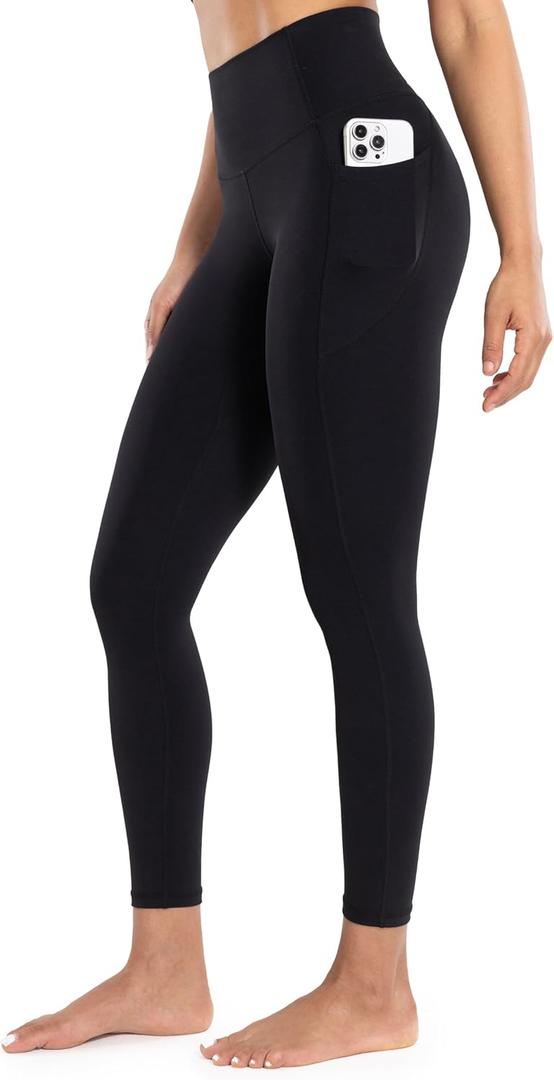 Workout Leggings with Pockets for Women High Waist Yoga Pants 25"/28" Cream Soft Lightweight Athletic Gym Tights (Large, Black)