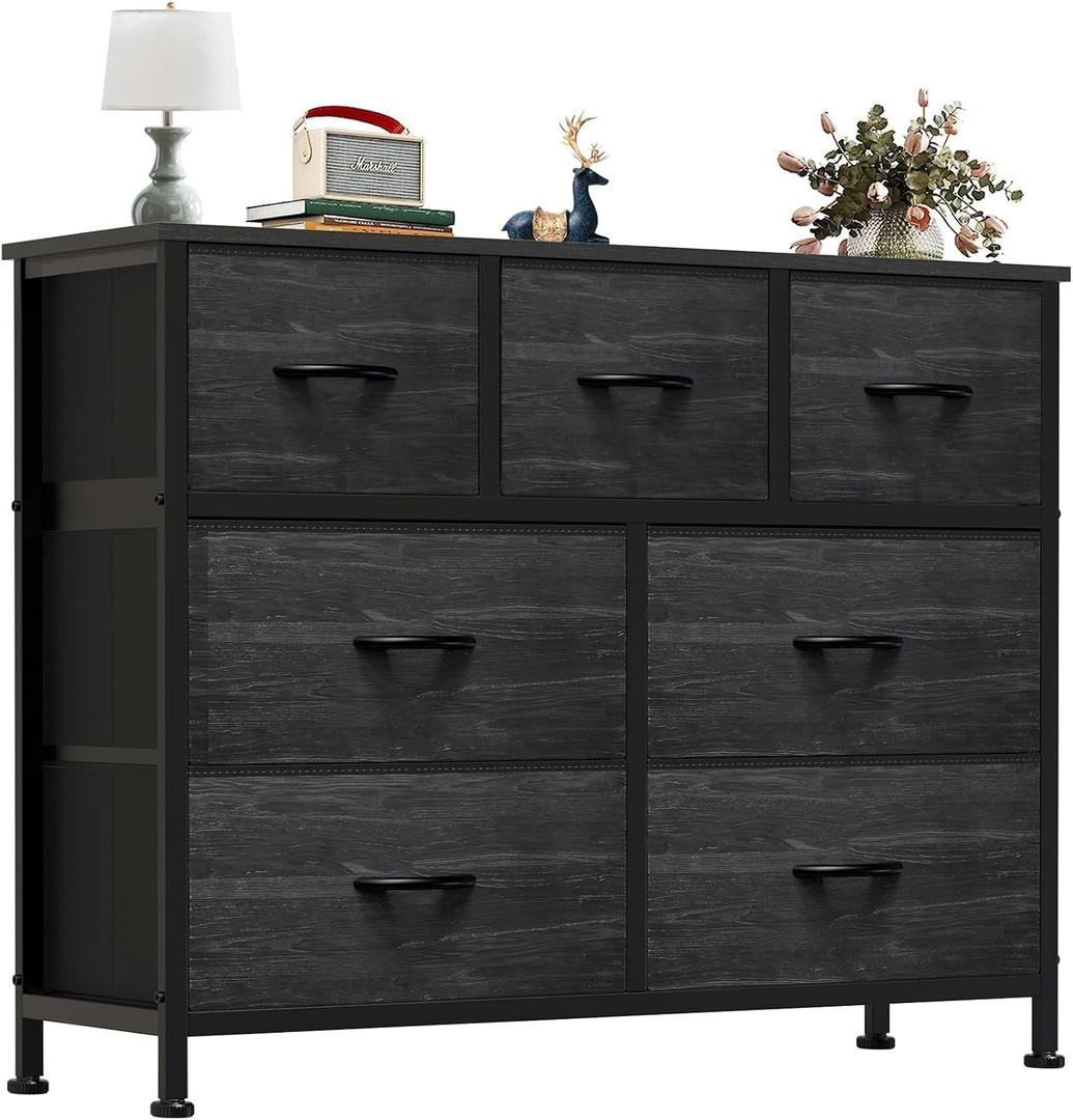 OLIXIS 7 Drawers Dresser for Bedroom, Fabric Storage Tower for Living Room, Entryway - Sturdy Steel Frame, Wooden Top and Easy Pull Fabric Bins, Closet Chests Organizer for Clothes,Black Wood Grain, 11.8"D x 39.4"W x 30"H