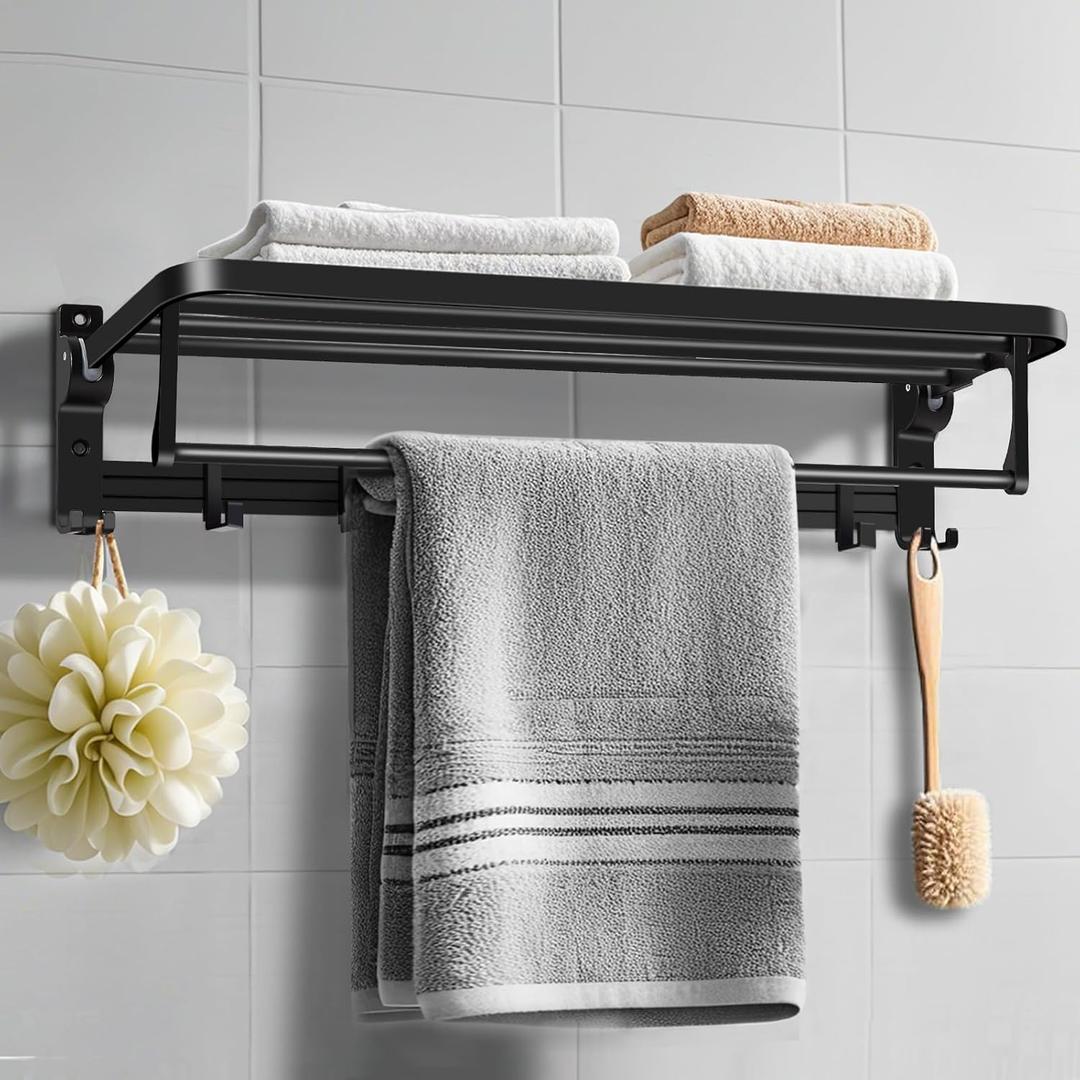 23.2 Inch Bathroom Towel Rack, Foldable Towel Holder with Movable Hooks, Premium Modern Towel Shelf Wall Mount Towel Storage for Bathroom (Matte Black)