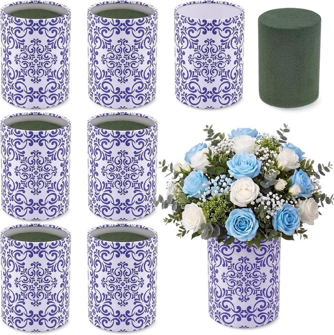 LemonRoad 6 Set Blue and White Porcelain Cylinder Planter Box with Paper Removable Foam Round Flower Box Chinoiserie Vase for Wedding Artificial Flowers Kitchen Party Table Centerpiece Home Decor
