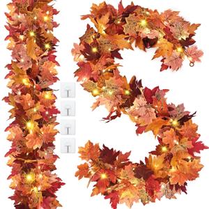 Waipfaru Fall Decor, 2 Pack Fall Garland with Lights, 5.7Ft Lighted Autumn Leaf Garland for Wedding Fireplace Mantle Thanksgiving Decor