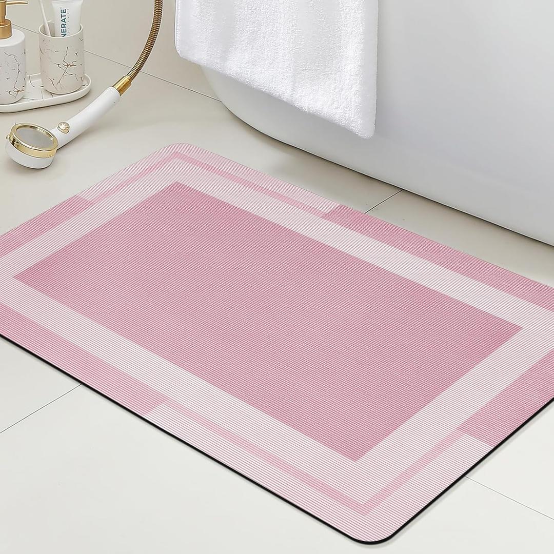 Ultra Thin Bath Mat, Upgrade Backing Non Slip Thin Bath Mats Fit Under Door, Quick Dry Ultra Absorbent Bathroom Rugs, Machine Washable Bath Rugs for Bathroom, Bathtub & Kitchen, Pink/Bordered/24"x17"