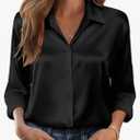 ZAFUL Womens Button Down Shirts 3/ 4 Long Sleeve Dressy Casual Tops Satin Silk Business Blouses Black, 2XL