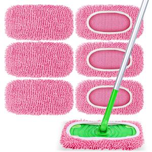 6 Pack Reusable Mop Pads Compatible with Swiffer Sweeper, Chenille Mop Refill Pads, Dry & Wet Mopping Cloths for Floor Cleaning -Pink