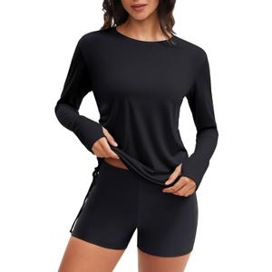 ATTRACO Women Rash Guard Long Sleeve Swim Shirt and Shorts Set SPF Quick Dry 2 Piece Bathing Suit (Medium, Black/Black)