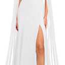 MAYFASEY Women's Elegant Long Sleeve Halter Neck Sexy Split Cocktail Evening Party A Line Maxi Long Formal Dress with Cape (Medium, White)