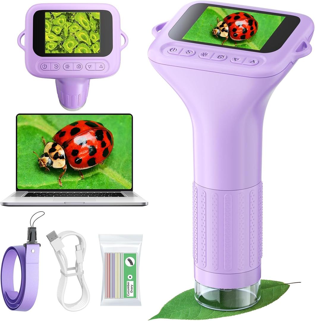 Microscope for Kids with 12 Slides, 100X-1000X 1080P Digital Handheld Kids Microscope, Mini Portable Pocket Miniscope Science Toys Gifts for 3+ 4 5 6 7 8 9 10 11 12 Year Old Boys Girls, Purple