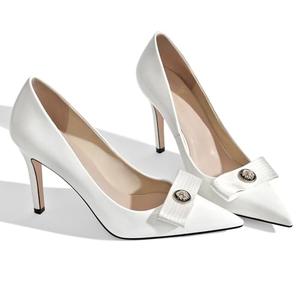 LOCERICH Women's High Heels Pumps Closed Toe Bow Heels Pointed Toe Stiletto Dress Shoes for Women Party Work Wedding Shoes for Bride, 9, White