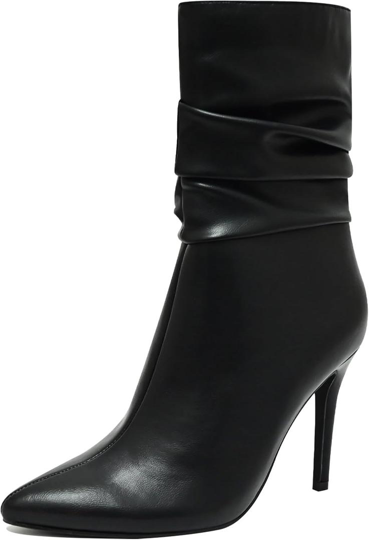 Mid Calf Boots for Women Stiletto High Heel Slouch Boot Pointed Toe Side Zipper Sexy Fashion Ankle Booties Waterproof Fall Winter Dressy Shoes for Work, Party and prom (8, Black)