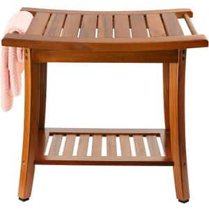 Utoplike Teak Shower Bench Seat with Handles, Portable Wooden Spa Bathing Stool with Storage Towel Shelf, 22" x 13" x 18.6", Perfect for Indoor and Outdoor Use