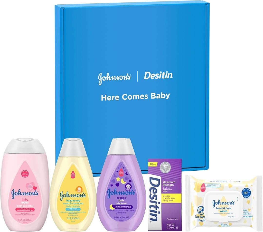 Johnson's Baby Here Comes Baby Gift Set, Baby Essentials for New Parents with Moisturizing Lotion, Bedtime Bath, Body Wash & Shampoo, Hand & Face Wipes, & Diaper Rash Cream, 5 Items