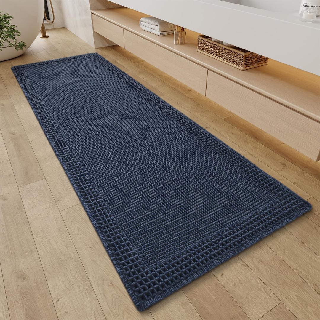RESARE Waffle Bathroom Runner Rugs, Super Absorbent Bath Mat Non Slip Washable Quick Dry, Upgraded Ultra Soft Boho Bath Rugs with Tassels for Hallway Bedroom Laundry Room, 2'x6'(24"x72"), Navy