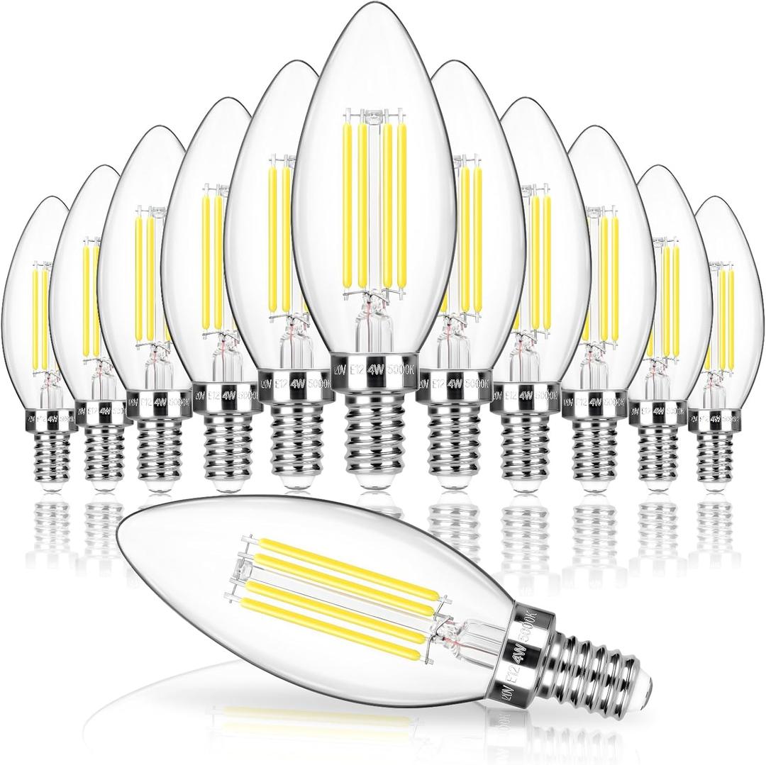 MAXvolador E12 LED Candelabra Bulb 40W Equivalent, 500LM Chandelier Light Bulb, Daylight White 5000K, B11 Filament Clear Glass Candle Base Light Non-Dimmable, 12 Pack