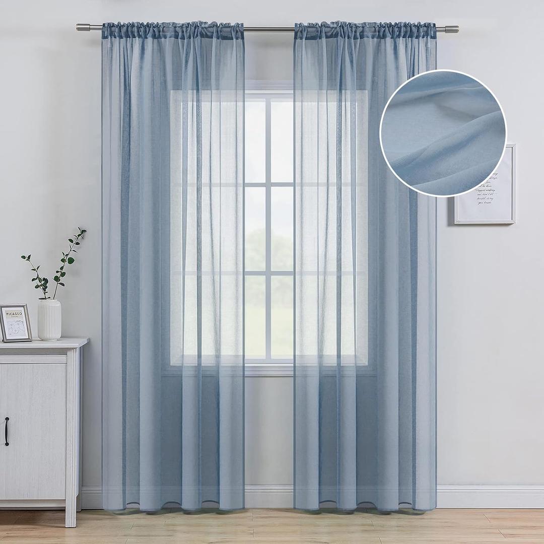 MIULEE Dusty Blue Linen Textured Sheer Curtains 84 Inches Long 2 Panels for Bedroom Living Room, Semi Transparent Farmhouse Light Blue Window Net Panels with Rod Pocket, W 54 x L 84 inch Length
