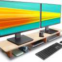 Aothia Large Dual Monitor Stand Riser, Solid Wood Desk Shelf with Eco Cork Legs for Laptop Computer/TV/PC/Printers, Perfect Desktop Stands Organizer with Underneath Storage for Office Accessories (Oak)