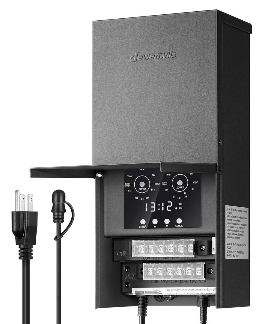 DEWENWILS 600W Low Voltage Landscape Transformer, Photocell Sensor & Timer, 2 Zone, 120VAC to 12/14VAC Outdoor Landscape Transformer, Landscape Lighting Transformer for Outdoor Garden