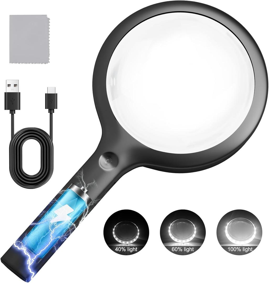 30X Charge Magnifier with Light, NUEYiO 4.33Inch Large Handheld Magnifying Glass with Light, 20 Daylight LEDs & Third Gear Dimming Lighted Magnifying Glass for Seniors Reading Inspection Coin Jewelry