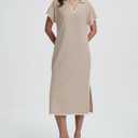Women's Polo V Neck Midi Dress Short Sleeve RIC Rac Loose Split Long Shirt Dress Khaki (XL)