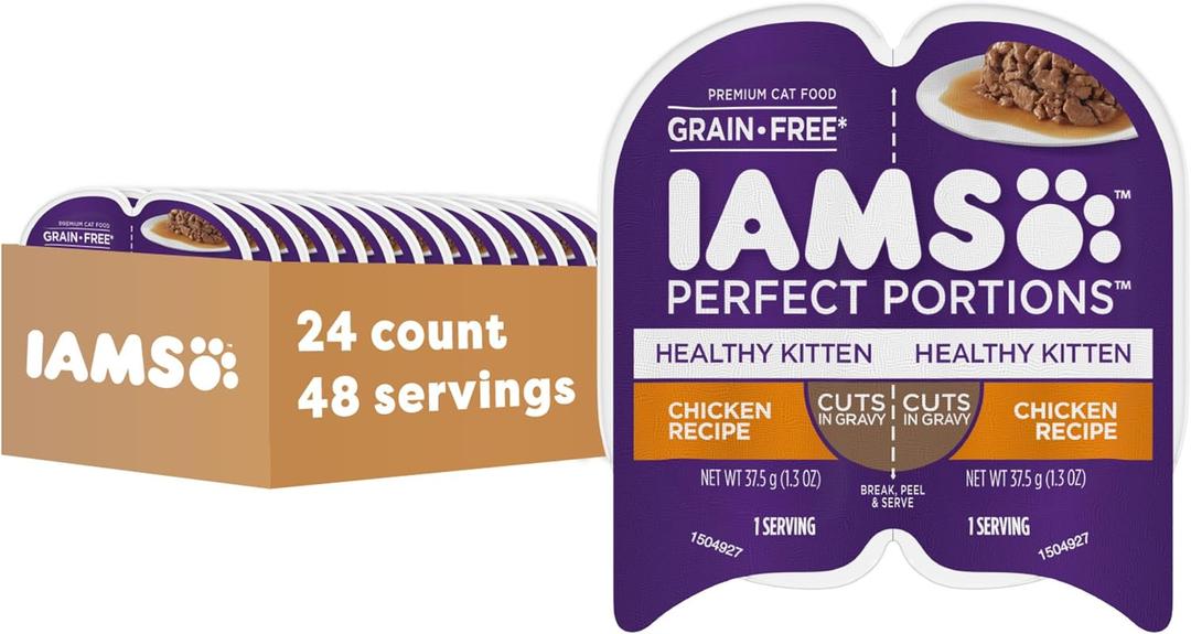 IAMS Perfect Portions Healthy Kitten Grain Free Wet Cat Food, Cat Food Wet Cuts in Gravy Chicken Recipe, (24) 2.6 oz. Twin-Pack Trays (EXP 04/24/28)