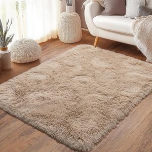 Beige Fluffy Rug for Bedroom 3x5 ft Small Rug - Ultra Soft & Non Slip Shaggy Area Rug, Comfy Durable Carpet for Living Room Kids Room Teens Dorm Home Decor, 1.7'' Thick Indoor Plush Carpets
