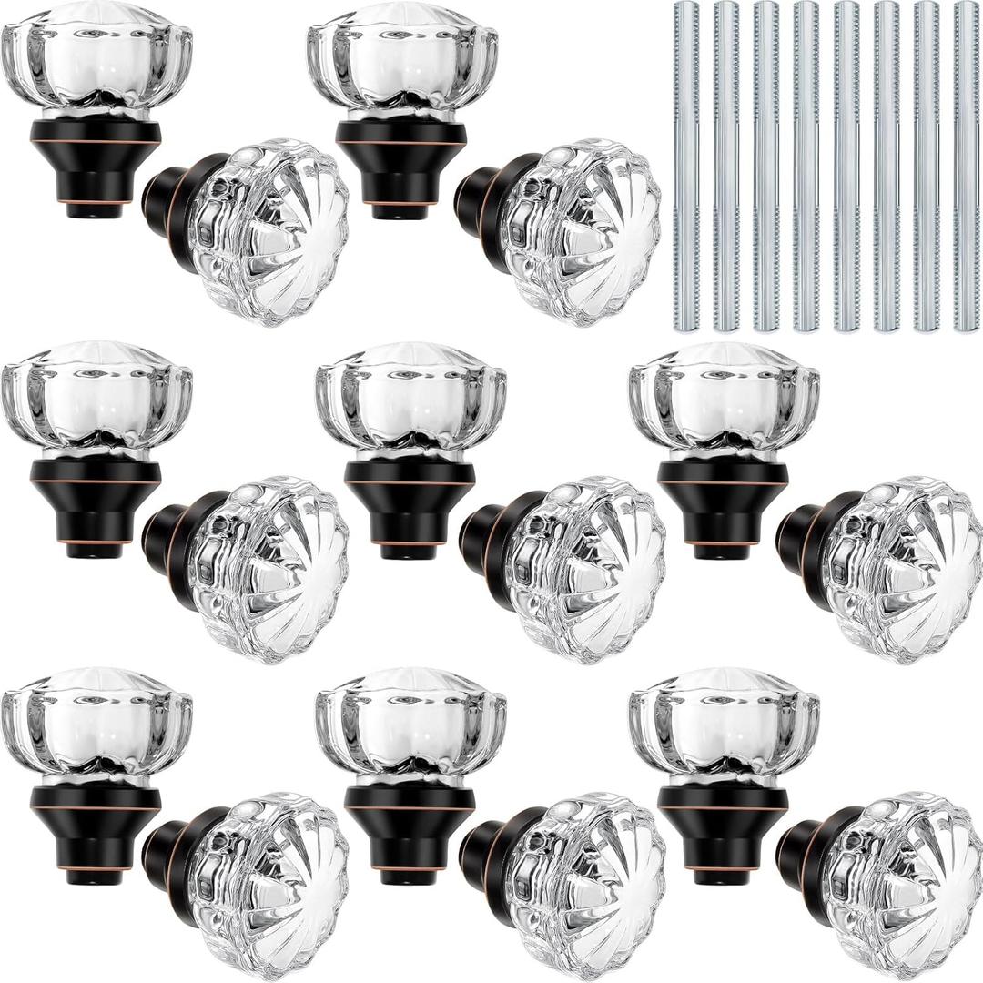 Amylove 8 Set Crystal Door Knobs Mortise Style Fluted Glass Door Knobs Antique with Spindle Antique Doorknobs for Interior Doors (Bronze)