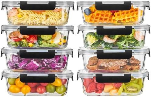 Liuruiyu 8 Pack 36OZ Glass Food Storage Containers with Lids, Meal Prep Containers, Airtight Bento Boxes with Leak Proof Locking for Microwave, Oven, Freezer and Dishwasher, BPA Free