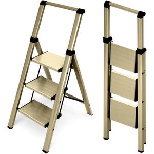 HillhutApex 3 Step Foldable Aluminum Step Ladder with Handgrip, Anti-Slip Pedal, 330 lbs Capacity, Lightweight & Portable for Home, Kitchen, Office, Garage (Gold)
