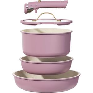 CAROTE 5pcs Pots and Pans Set, Nonstick Cookware Set Detachable Handle, Induction Kitchen Cookware Sets Non Stick with Removable Handle, RV Cookware Set, Gold and Purple