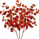 Fall Leaves Stems Artificial Eucalyptus Fall Stems Fake Eucalyptus Decor Silk Faux Fall Stems 3Pcs Eucalyptus Plant Branches for Vase Home Centerpiece Wedding Autumn Decoration(Dark Orange)