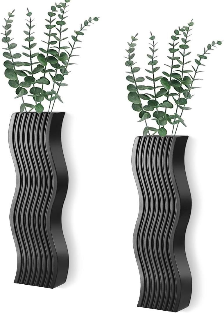 2 Pack Wall Decor Wood Wall Planters for Indoor Plants, Modern Wall Planter for Bathroom, Kitchen, Dining Room, Living Room Wall Decor, Farmhouse Wall Vase for Decor Dried Flowers and Faux Greenery (Black)