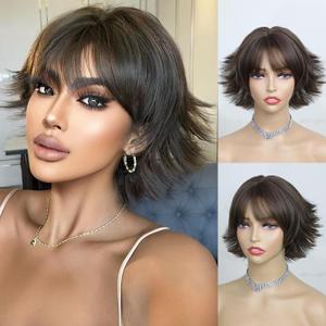 Dark Brown Short Curly Bob Wigs with Bangs Hair Replacement Wavy Synthetic Costume Heat Resistant Fiber for Women Daily Party Cosplay Use