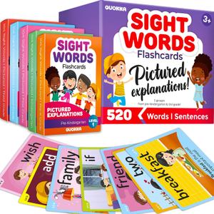 QUOKKA 520 Sight Words Flash Cards with Images & Sentences  Based on Dolch Sight Words Lists for Reading Fluency  Kindergarten Flash Cards for Pre-K to 3rd Grade - Color-Coded Vocabulary Set