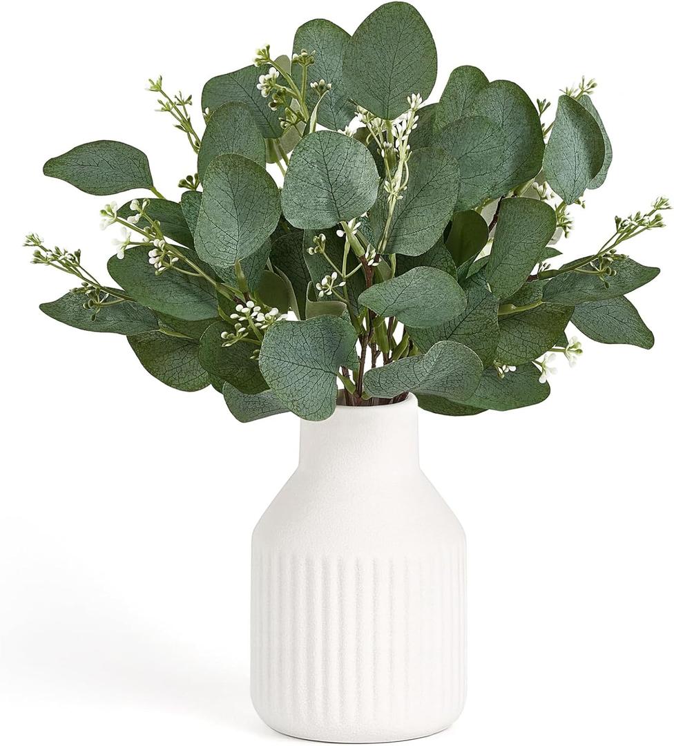 Dahey Artificial Eucalyptus Stems in Small Ceramic Vase Centerpiece Table Decorations Modern Farmhouse Decor Fake Eucalyptus Plants with Vase for Bathroom Kitchen Shelf Living Room Home Decor, White (Medium)
