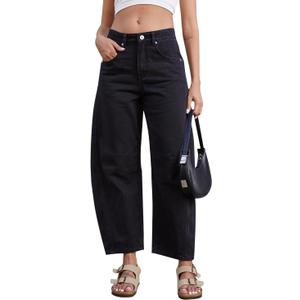Mid Rise Barrel Jeans for Women Mid Waist Wide Leg Cropped Denim Pants Y2k Baggy Boyfriend Jeans with Pockets (Black)