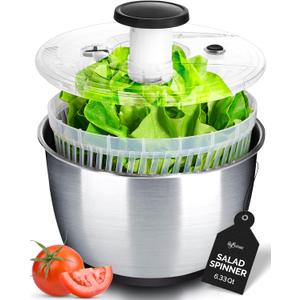 lily&stone Large Stainless Steel Pump Salad Spinner with Drain, Bowl, and Colander - Quick and Easy Multi-Use Lettuce Spinner, Vegetable Dryer, Fruit Washer, Pasta and Fries Spinner - 6.33 Qt (Clear)