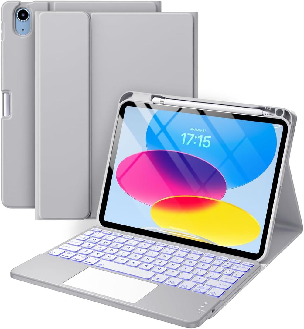 Harvopu Compatible for iPad 11th 10th Generation Case with Keyboard, Folio Cover with Pencil Holder, Multi-Touch Trackpad, 7 Color Backlit, Detachable Keyboard for iPad (A16) 11th/10th Gen (Gray)
