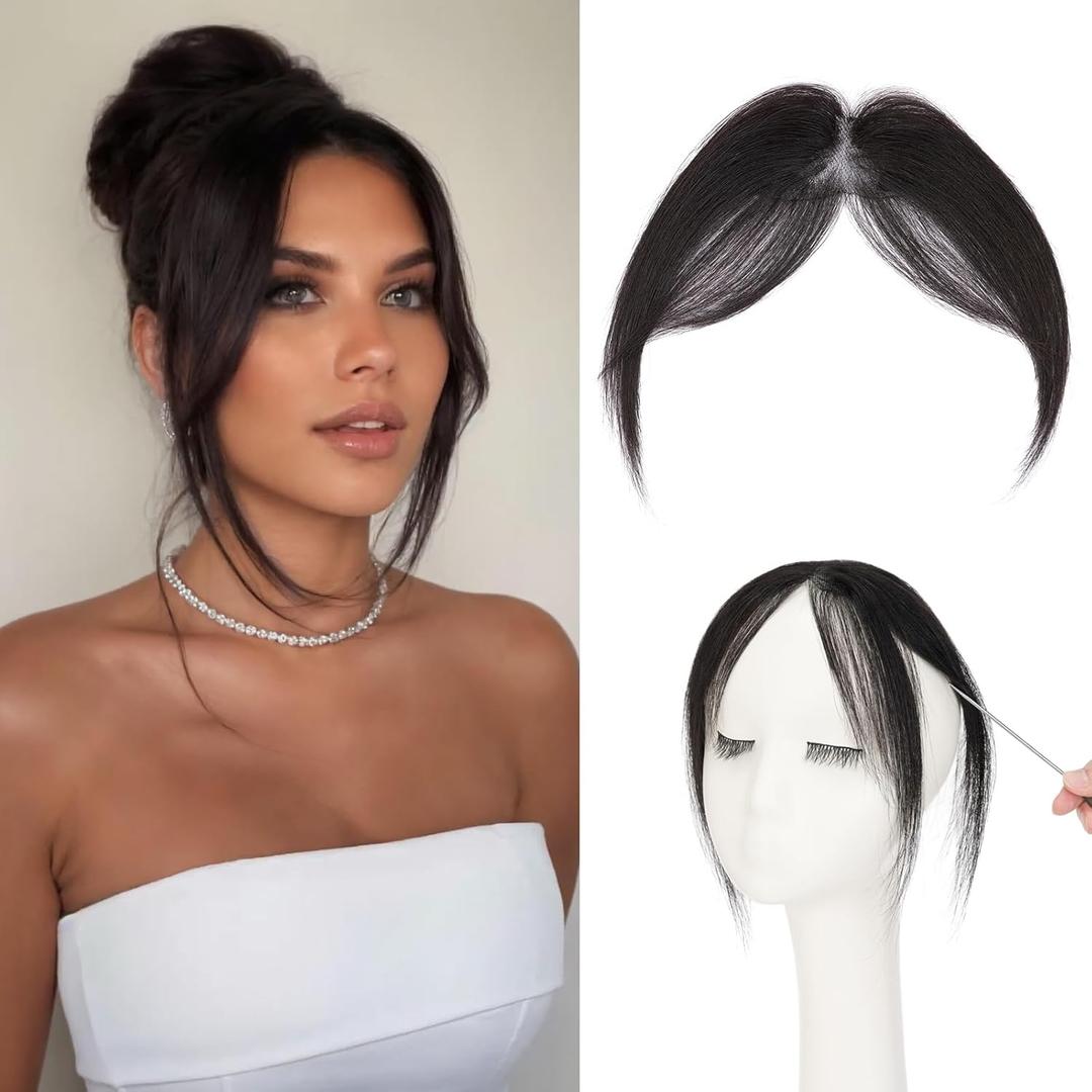 Benehair Clip on Bangs for Women Human Hair, Fake Bangs Clip Human hair, Middle Part Bangs Clip in Hair Extensions Hair Pieces with Temples for Daily Wear (Natural Black)