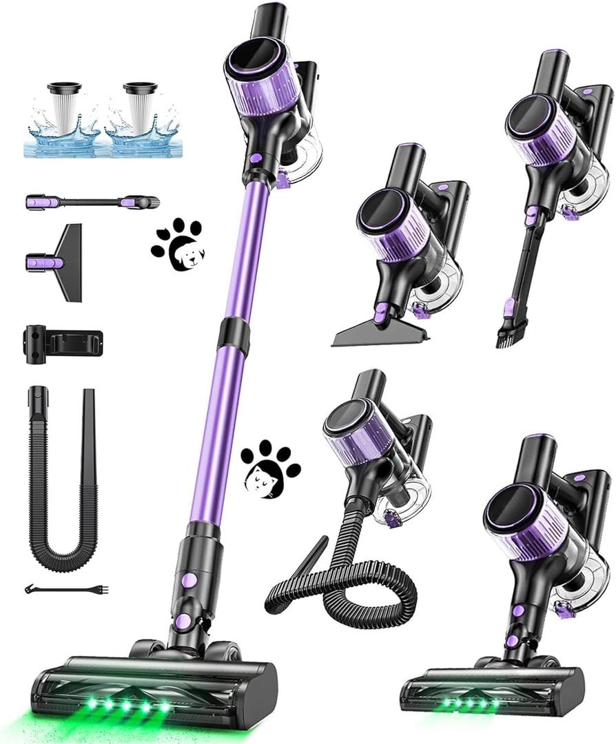 Cordless Vacuum Cleaner, 10 in 1 Stick Vacuum with Powerful Suction, Hose, Green LED Light, Anti-Tangle Brush, Lightweight Rechargeable Vacuum Cleaner for Home, Hardwood Floors, Carpets (Purple)