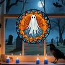 Stained Glass Window Hanging - Halloween Decorations White Ghost Suncatcher for Doors Garden Indoor Spooky Funny Blue Sun Catchers Gothic Decor Horror Gifts for Women Men Friend 7.8 in