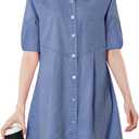 Women's Denim Shirt Dress 3/4 Long Sleeve Button Down Babydoll Jean Shirt Dresses (Medium)