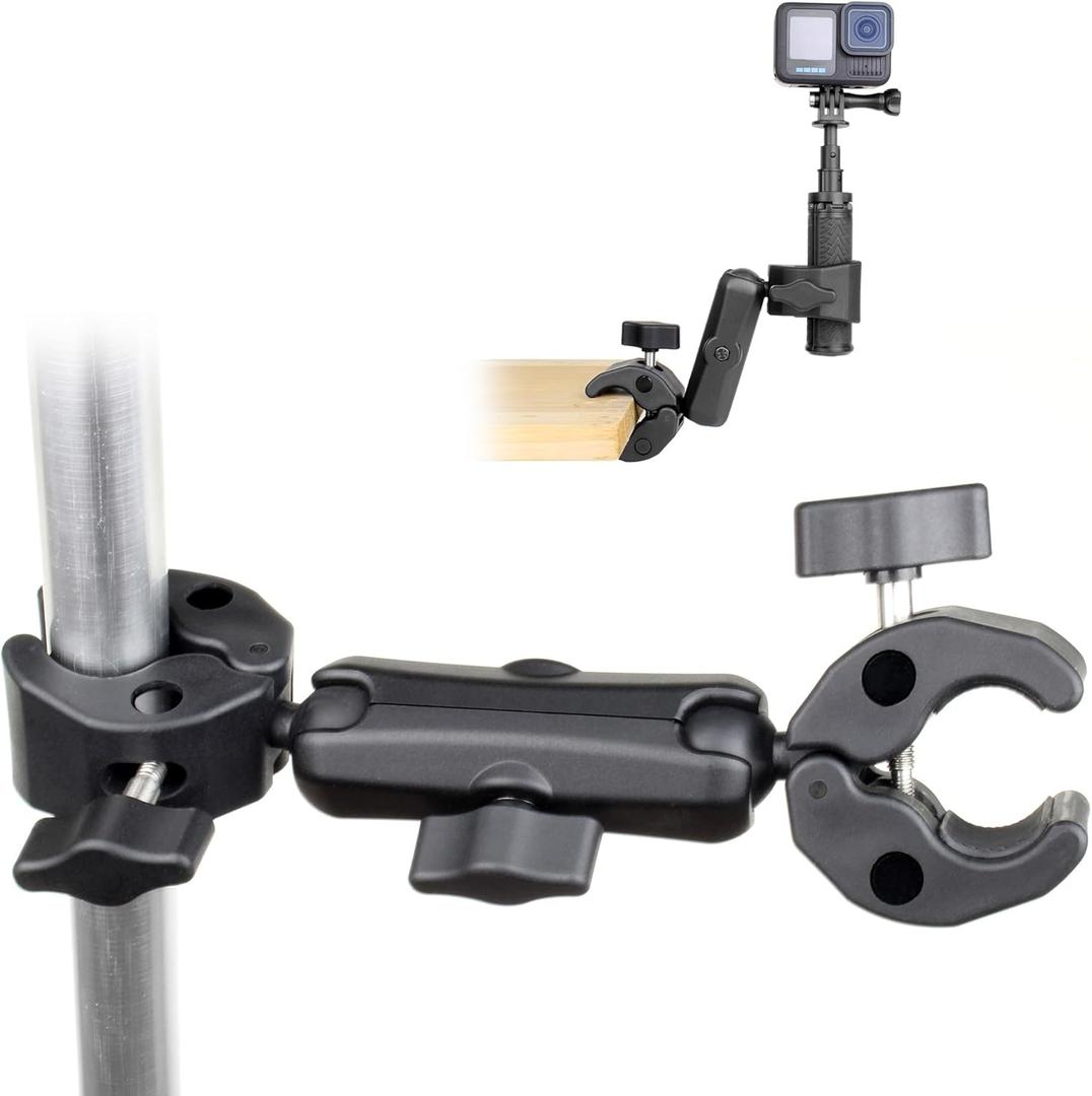 SOONSUN Double Super Clamp Camera Mount, Umbrella Clamp for Chair, Desk, Stroller, Wagons, Tripod, Pole, Light Stand, Cross Bar, Golf Cart, Motorcycle, Boom Stand, with 360 Magic Arm for Photography