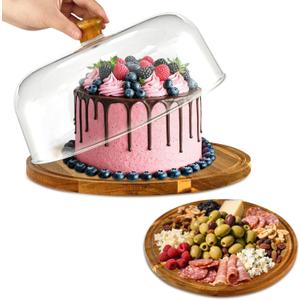 AcaciaCakeStand Charcuterie Board With Acrylic Lid, 2in1 Wood Cake Holder With Cover, Round Cake Plate with Dome For Party，Dessert Table Display Stand For Cheese, Chips & Dips, Nachos, Fruit Platter
