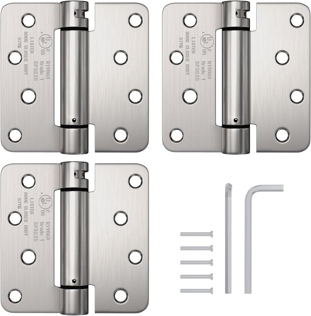 Haidms 3 Pack Self Closing Door Hinges 4 Inch Brushed Nickel Spring Hinge with 1/4'' Radius Corner Adjustable Tension for Residential & Heavy-Duty Door Hardware