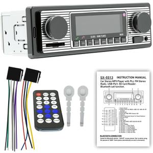 Classic Single Din Car Stereo with Bluetooth, Hands-Free Calling & Voice Control, FM Radio MP3 Player, USB/SD/AUX Port, Fast Charging, Includes Remote Control