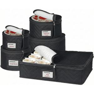 2 x China Storage Containers 5-Piece Set Moving Boxes for Dinnerware, Glasses, Plates, Mugs and Saucers Sturdy Quilted Microfiber Dish Organizer with Dividers for Seasonal Storage - Holds Set of 12, Black