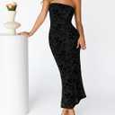 MEROKEETY Women's 2026 Summer Floral Strapless Dress Bodycon Tube Slit Mesh Wedding Guest Cocktail Party Maxi Dresses (Black, S)